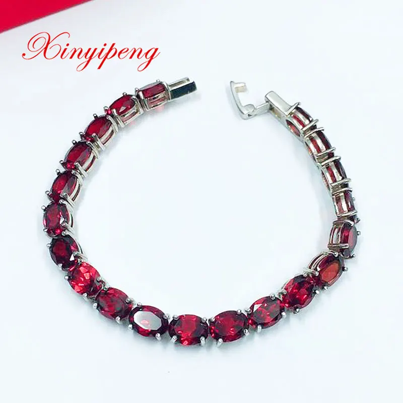 

Xinyipeng S925 sterling silver plated white gold inlaid real natural garnet bracelet fine wedding engagement gift for women 6*8
