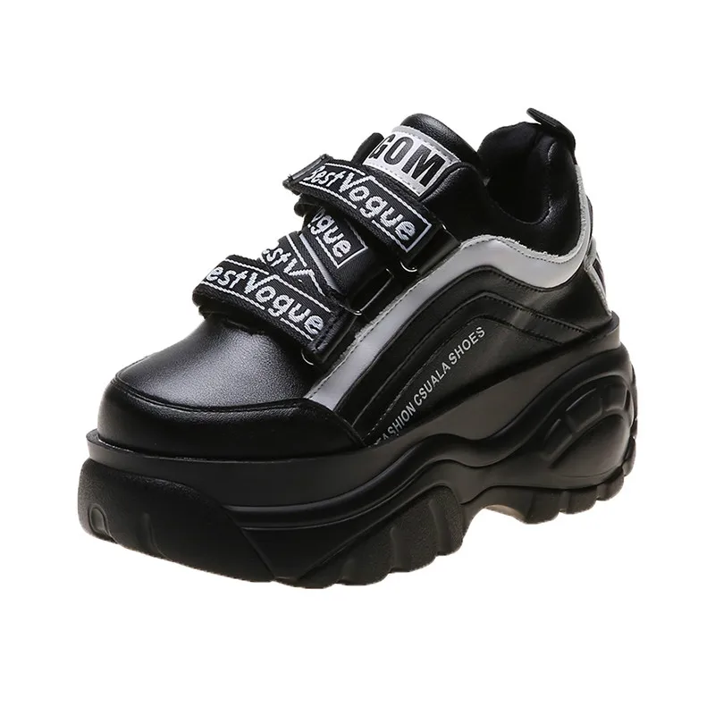 Rimocy/женские кроссовки на толстой подошве; цвет белый, черный; Лоскутная обувь на высокой платформе; женская повседневная обувь на танкетке; сезон осень-зима - Цвет: Черный