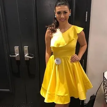 

Yellow One Shoulder Prom Dress A Line Short Cocktail Dresses for Homecoming Party