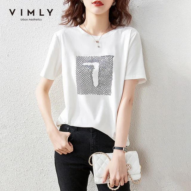 VIMLY Summer Women Tshirts Casual Round Neck Cotton Tops 2021 Fashion New Printed Loose T-Shirts Female Harajuku Clothes F7290 1