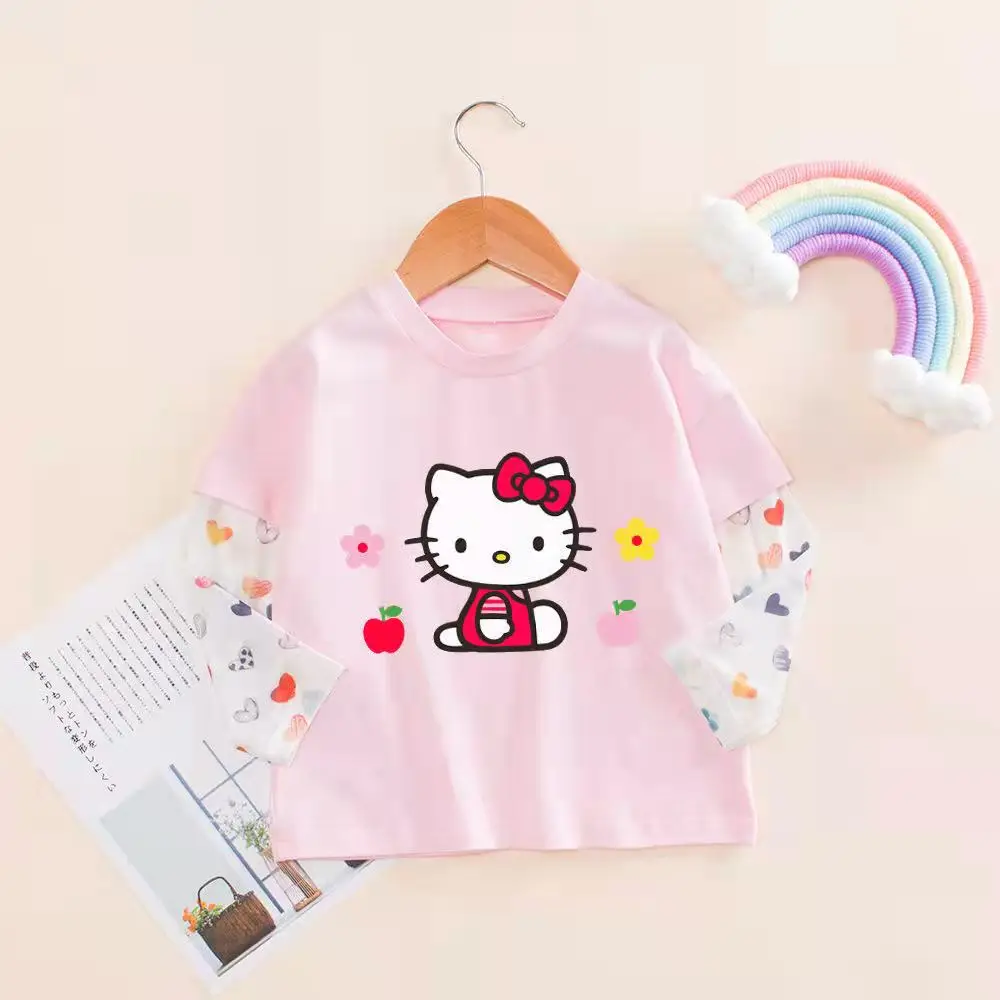 thumbnail image 1 of Camiseta de manga larga de verano para niñas de Hello Kitty, camisetas falsas de dos piezas de estilo extranjero para bebés, camisetas con protección solar para niños, ropa para niños, 1 of 4