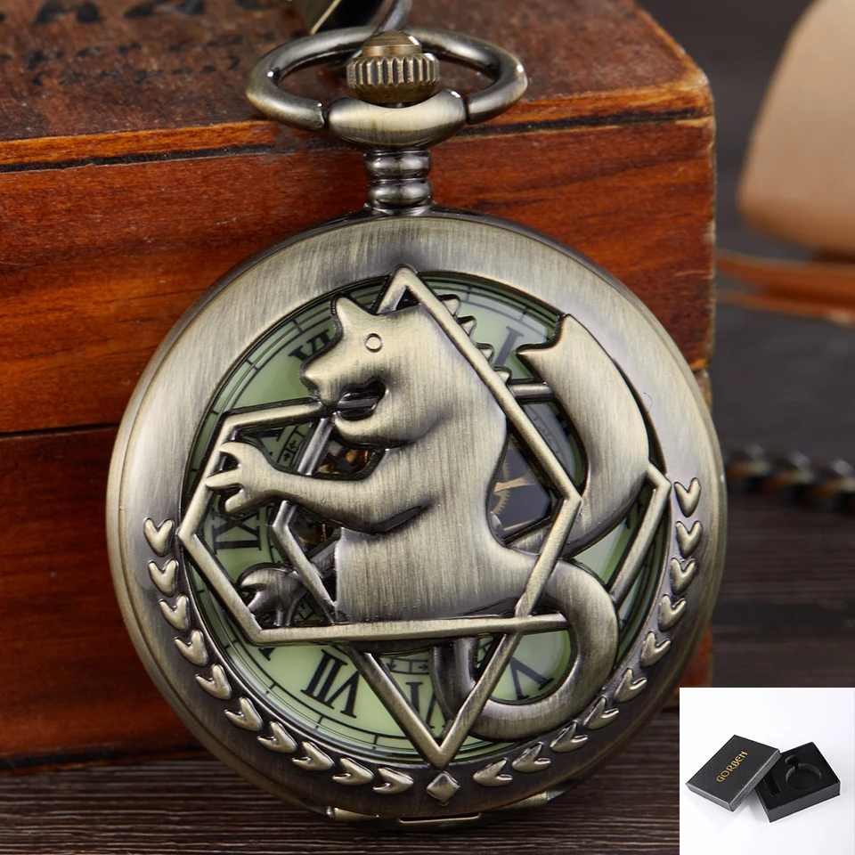 watch with box Ретро бронзовые полые механические карманные часы для мужчин Стальной алхимик гравировка ручной обмотки часы двойной корпус брелок цепи часы - Цвет: watch with box