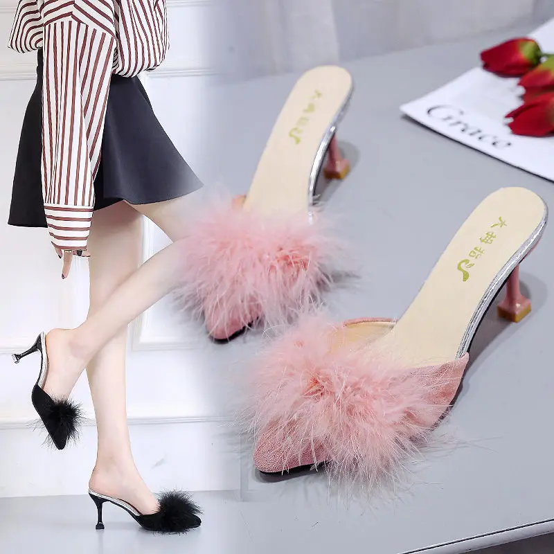 

New Summer Pumps Women Shoes Sandals Transparent Feather Crystal High Heels Fur Pointed Toe Mules Slides Furry Slippers