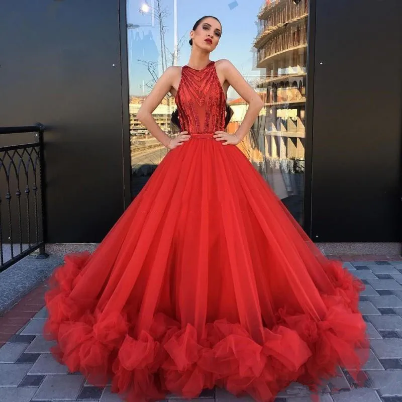 

Amazing Red Sequin Tulle Puffy Romantic Evening Dresses Ball Gowns Custom Made See through Women Formal Maxi Gowns Vestidos Noiv
