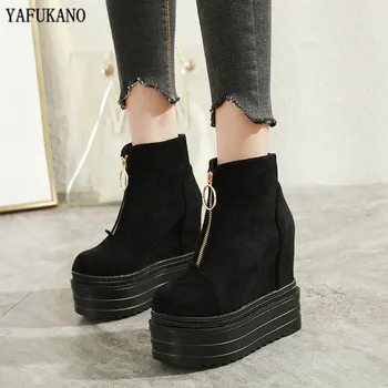 

Winter Fashion Plus Velvet Within Increase Short Boots 13cm Wedge Women Ankle Boots Front Zipper Martin Boots Sexy High Heels 39