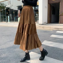 Женские юбки с высокой талией, Осень-зима, теплая Вельветовая длинная однотонная плиссированная юбка, корейская мода, женская уличная одежда