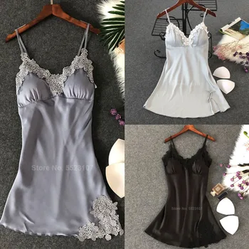 

2020 Women Sexy Lingerie Silk Nightgown Summer Dress Lace Night Sleepwear Babydoll Polyester Satin Homewear Chest Pad Nightwear