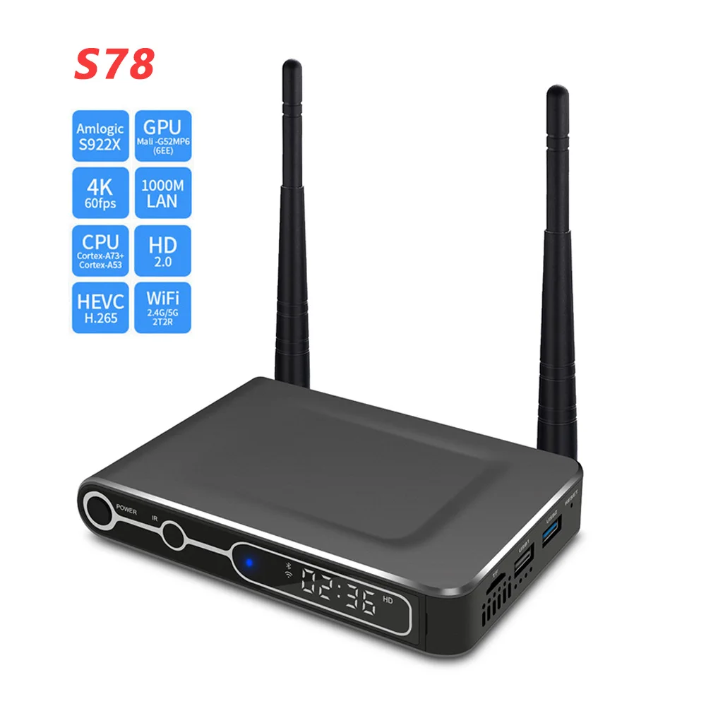 

S78 Amlogic S922X Android 9.0 Smart Tv Box DDR4 4GB 32GB Bluetooth 2.4G+5G Wifi 1000M Lan Android Tv Set Top Box