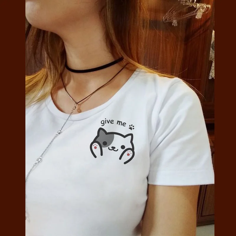 Новинка 2019 летние белые футболки с забавным принтом кота женские хлопковые топы