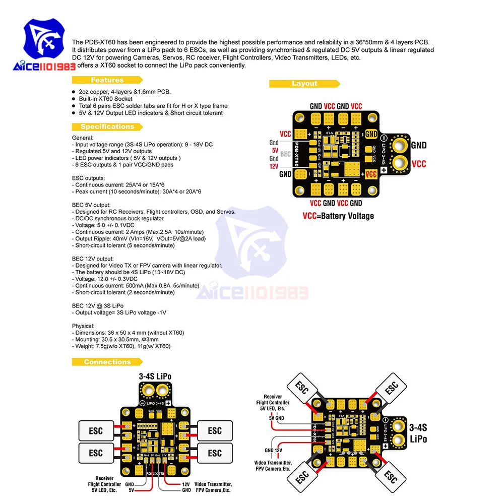 PDB XT60 avec BEC 5V/12V pour Drone FPV QAV210 QAV-R QAV-X