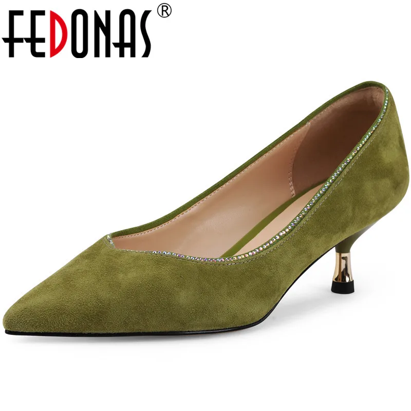 

FEDONAS Women Pumps Kid Suede Party Shoes Prom Pumps Spring Summer Pearl Decoration Pointed Toe 2020 High Quality Shoes Woman