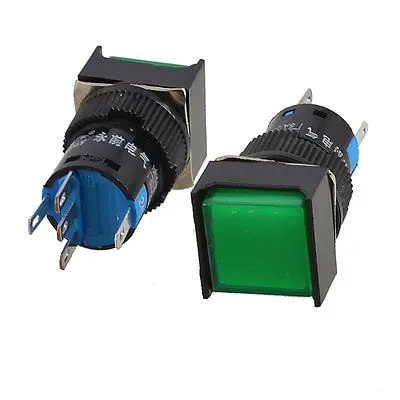 

2 Pcs DC 24V Green Light Square Cap SPDT 5P Self Locking 16mm Push Button Switch