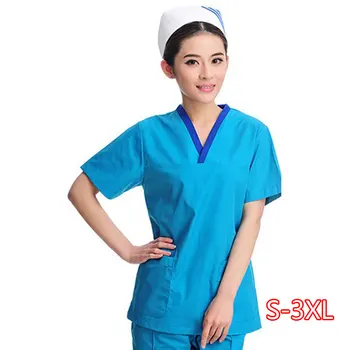 

High Quality Women's Medical Uniforms Scrub TOP Short Sleeved V-neck Color Blocking Top Surgery Pharmacy Clothes (juat A Top)