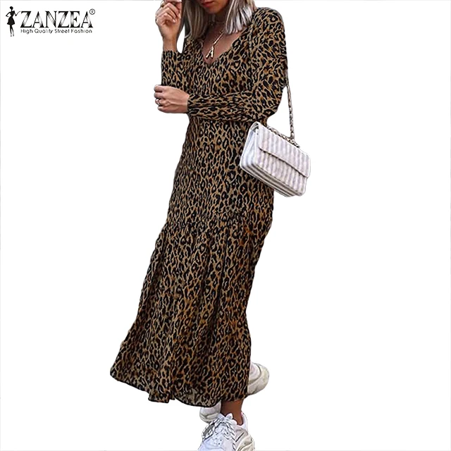 Плюс размер леопардовое Платье с принтом ZANZEA осеннее Женское Платье макси с рюшами модное сексуальное платье с v-образным вырезом Vestidos женское Повседневное платье 5XL