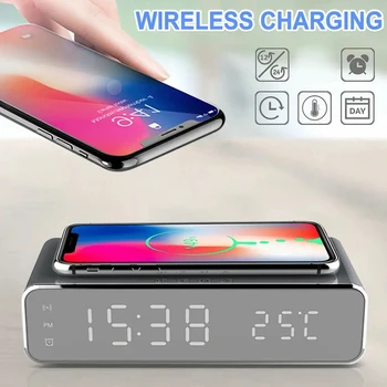 

Black and Silver USB Digital LED Desk Alarm Clock With Thermometer Wireless Charger For SmartPhone
