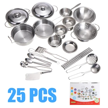 

25PCS Kids Play House Toy Kitchen Utensils Pretend Play Cooking Pots Pans Food Dishes Cookware Accessory for Baby Girls Boys