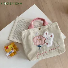 COZINESS Bolsa de lona bordada con dibujos de conejos, bolso de mano de pana, para el almuerzo, venta al por mayor