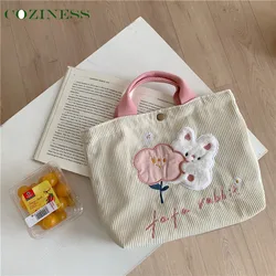 Confortable sac de sortie pour maman, sac en toile brodée de lapin de dessin animé, fourre tout en velours côtelé, sac de déjeuner de banlieue, vente en gros 
