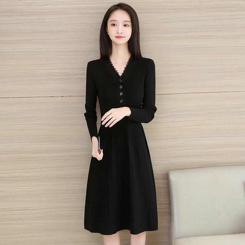 Japanese Fashion Wool Sweaters Dress for Women Button Knitting Woman Dress Winter Long Sleeve Office Lady Bodycon Dress