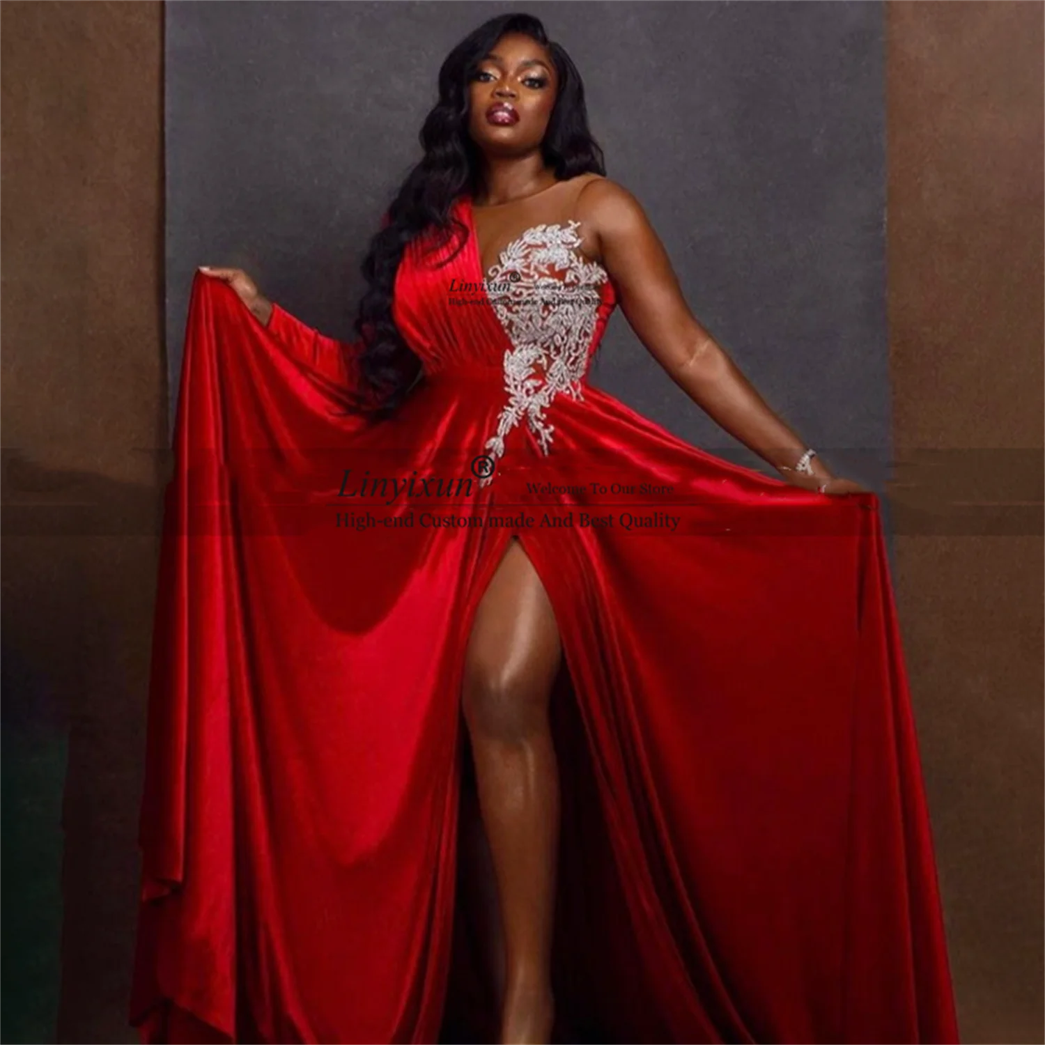 Sexy Red A Line Prom Dresses With One Long Sleeves White Appliques High Split Evening Party Gowns Afrcian Robe de soirée | Свадьбы и