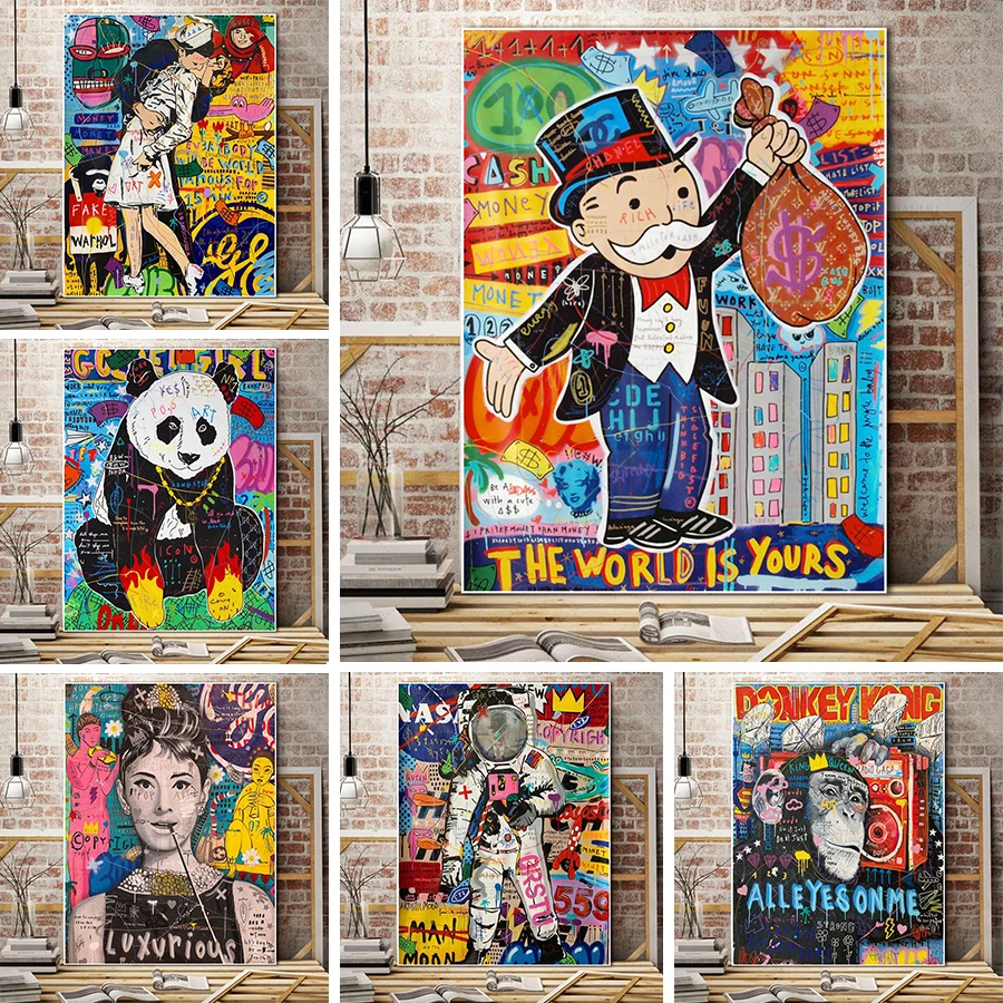 Уличного граффити мона лиза холст картины поп художественные плакаты и принты настенные для Гостиная