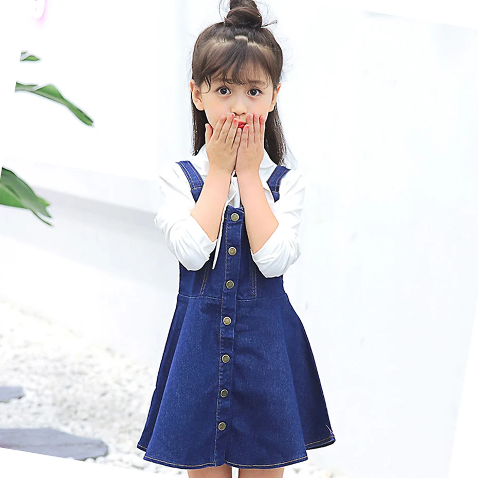 Комплект одежды для девочек, белая блузка+ джинсовое платье, комплект из 2 предметов для девочек, повседневный стиль, костюм для детей 6, 8, 10, 12, 13, 14 лет