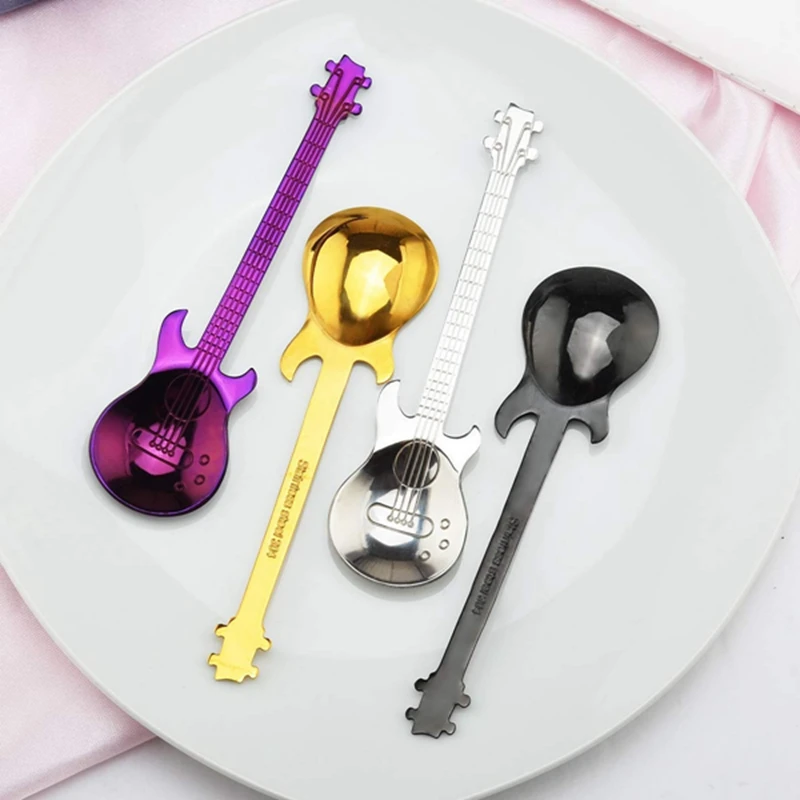 

Set of 4 Guitar Shaped Stainless Steel Coffee Spoon Demitasse Spoons Dessert Spoons Sugar Spoon Kitchen Cute Utensil (Set 1)