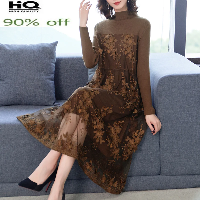 

High Quality Knitted Dress Woman Lace Midi Dress Female Korean Casual Dresses for Women Long Sleeve Spring Autumn 2022 Pph3124