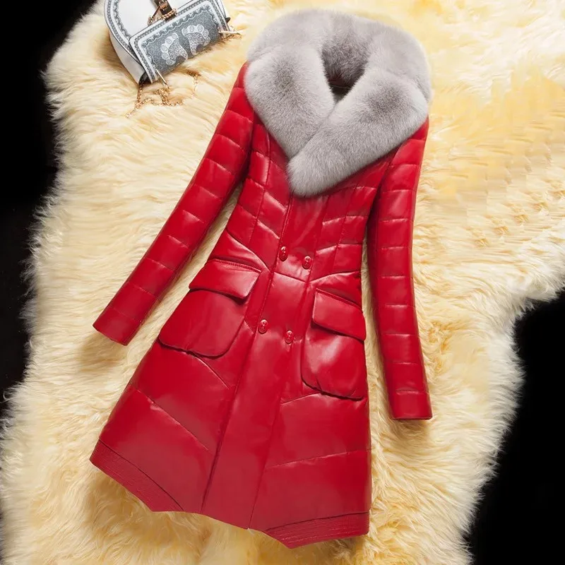 Женская зимняя куртка из искусственной кожи с большим меховым воротником, женская утепленная теплая верхняя одежда из искусственной кожи, большие размеры 4XL T122 - Цвет: red