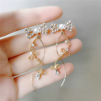 

2020 New Arrival Vintage Sweet Crystal Bowknot Tassel Long Drop Earrings For Women Temperament Simulated Pearl Jewelry