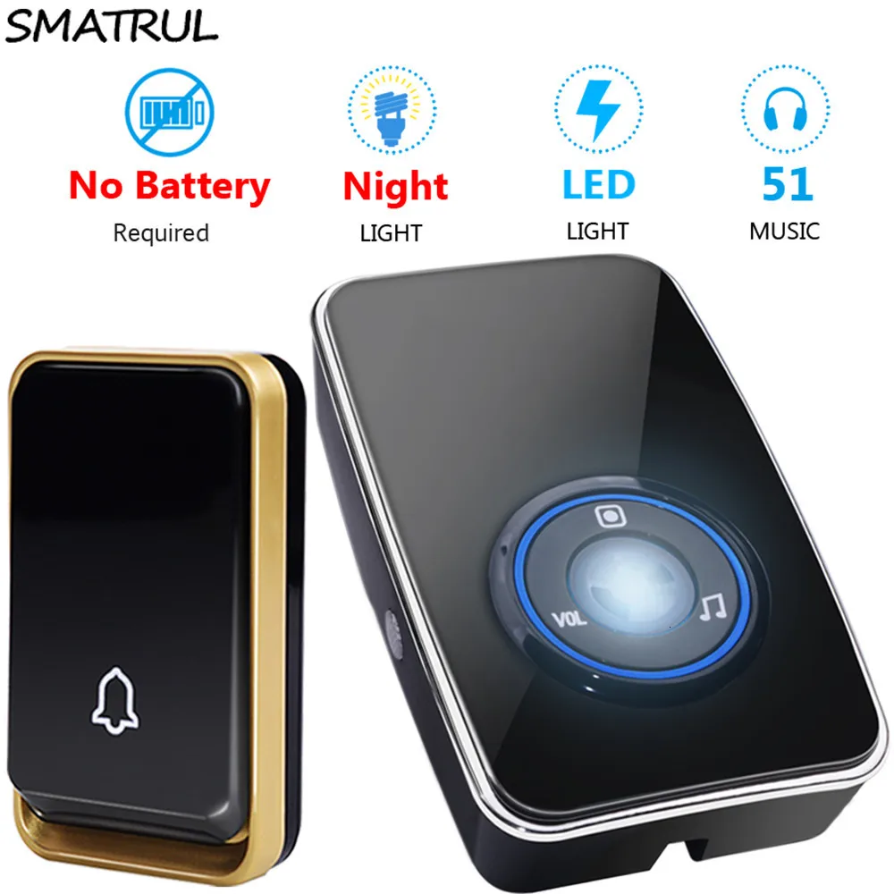 SMATRUL EU UK US plug self powered Wireless DoorBell night light sensor no battery Waterproof Door Bell 1 2 button Receiver |