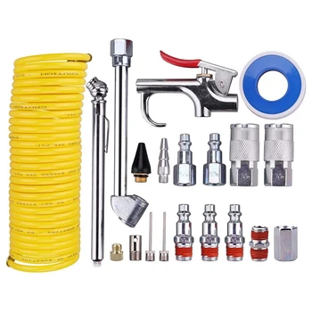 

20 Pieces Air Compressor Accessory Kit, 1/4 Inch NPT Air Tool Kit with 1/4 Inch x 25Ft Coil Nylon Hose/Tire Gauge