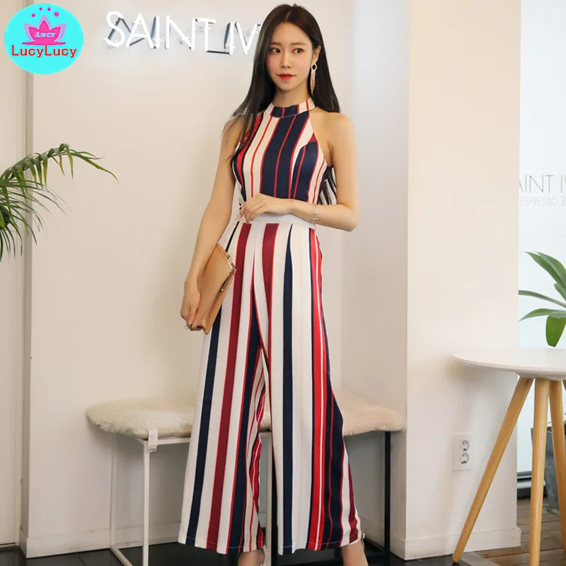 

2019 summer women's Europe and America high waist was thin striped wide leg pants sleeveless strapless halter jumpsuit