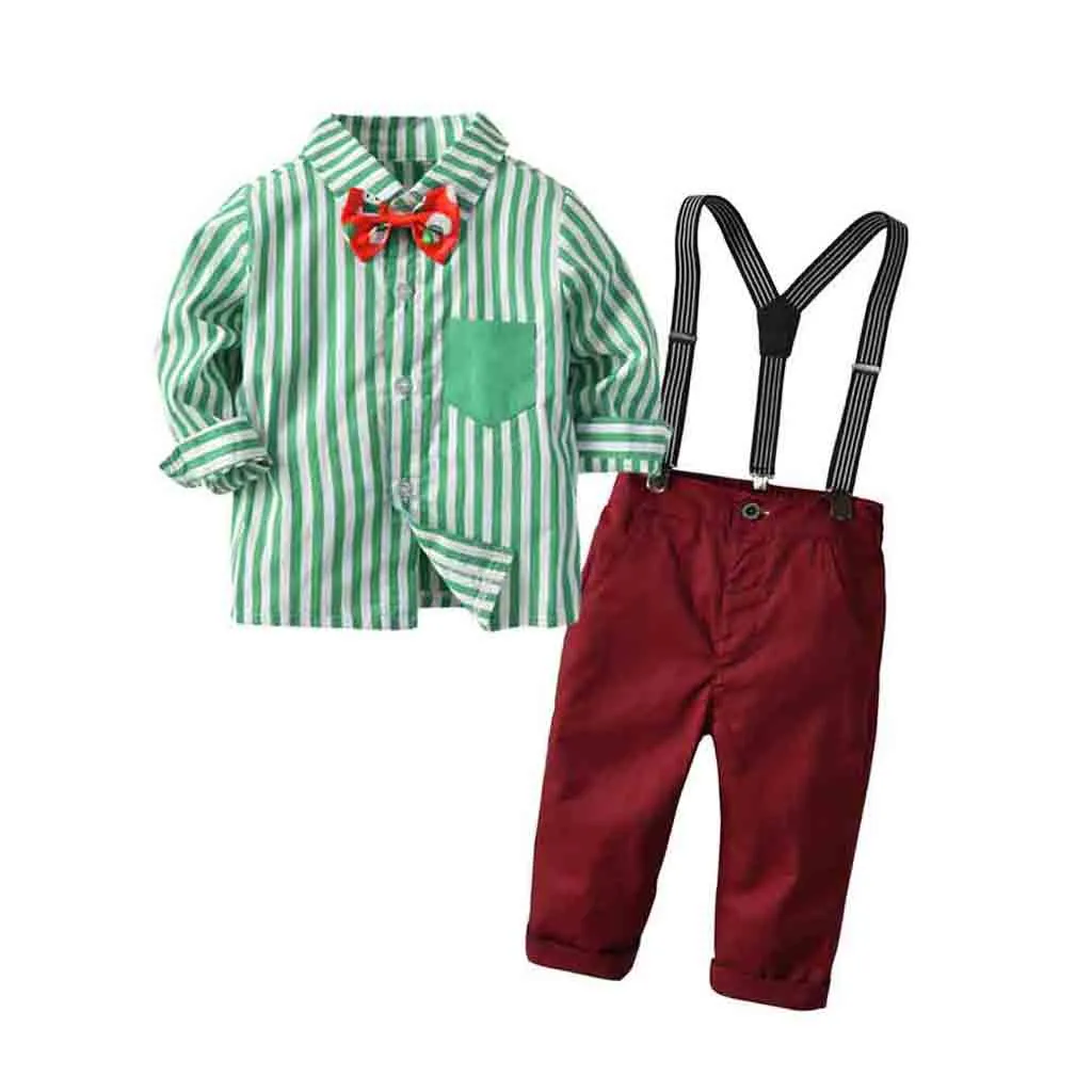

Toddler Baby Boys Christmas Bow Tie Stripe Shirt Pants Gentleman Suits Infant Kids Long Sleeve Shirt Button Pants Outfit Sets