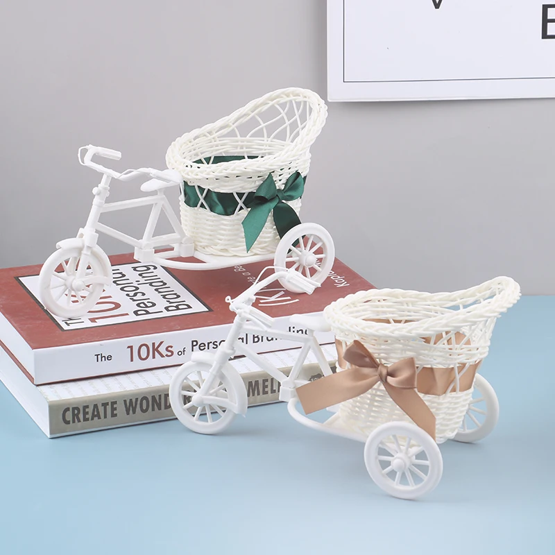 1Pc Cute DIY Handmade Mini Ornament Basket Creative Tricycle Rattan Ornament Basket