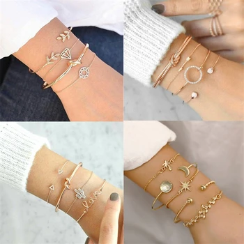 

2019 Charm Bracelet Chain Bracelets Bangles For Women Gold Color Grain Cactus Knot Round Bracelets Sets Fashion Jewelry Gifts