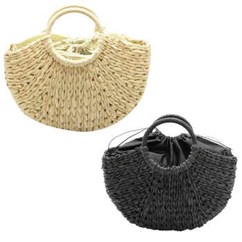 

Handmade Beach Bag Round Straw Woven Bag Large Bucket Summer Bag Ladies Natural Shopping Basket Handbag Lined