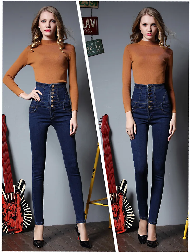 Женские джинсы с высокой талией, весна и осень, новая Корейская версия обтягивающих стрейчевых брюк с пряжками и узким карандашом