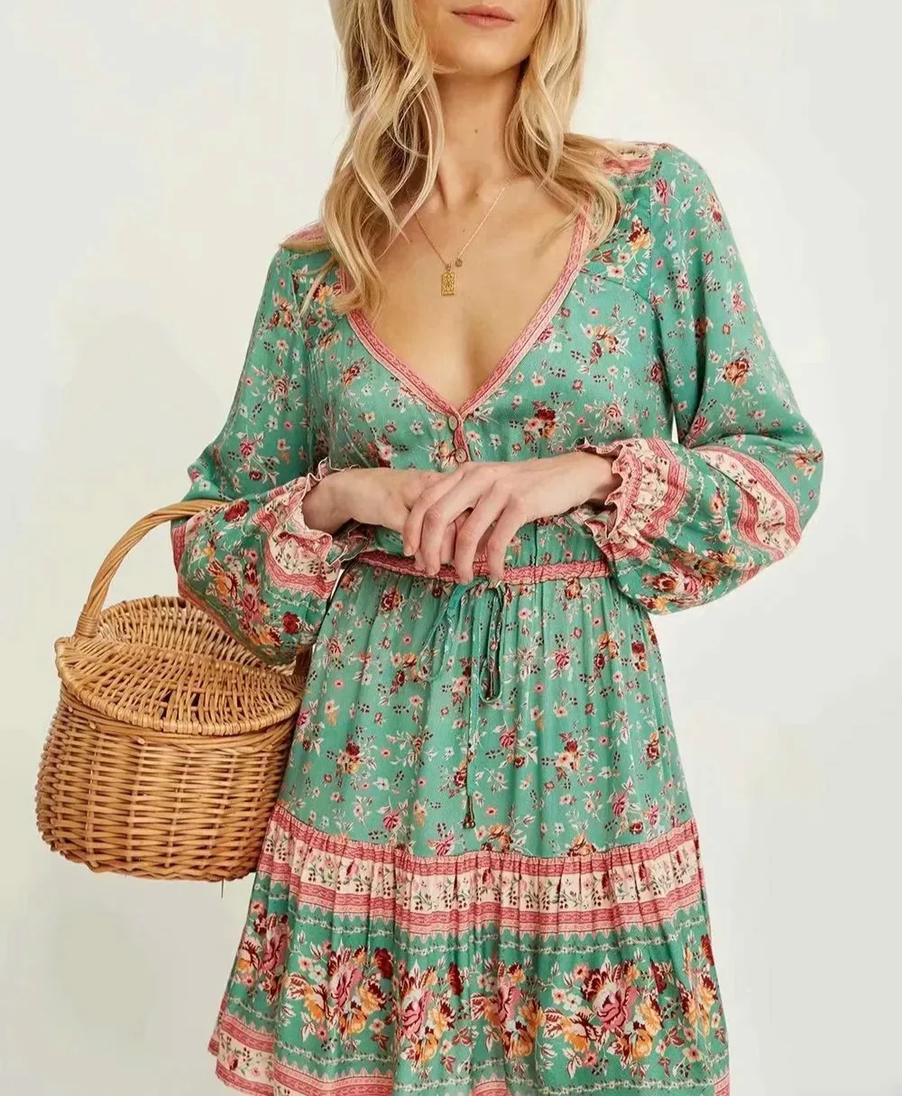 thumbnail image 1 of Vestido corto elegante con estampado floral morado de algodón de TEELYNN para mujer, manga larga, cuello en V, estilo bohemio, para otoño, 2020, 1 of 5