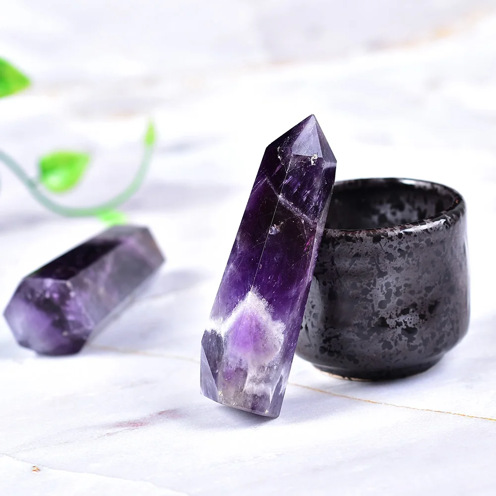 1PC Natural Crystal Fantasy Amethyst Hexagonal Column Point Mineral Ornament Magic Repair Home Decoration Decoration