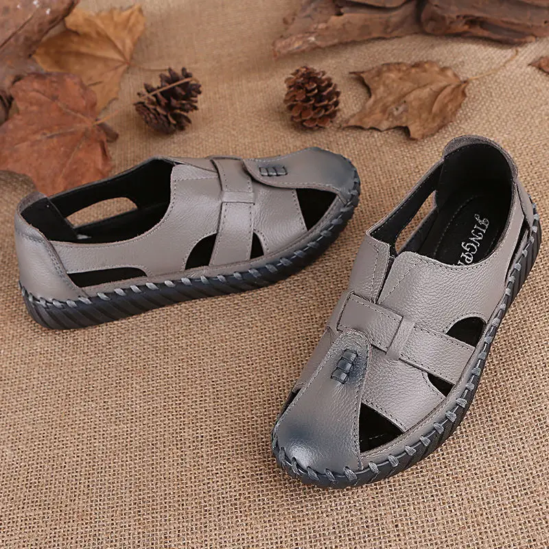 Wide Width Closed Toe Sandals Gladiators Women Genuine Leather Vintage Style Flats Lady Woman Summer Slip On Sandals Big Size 43