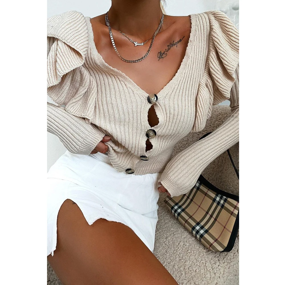 

2020 Women Autumn And Winter Fashion Solid Color Sweater Coat V-Neck Long Sleeve Cardigan Sweaters Female Ruffle Sweater Ladies