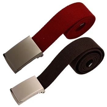

2 Pcs Unisex Plain Webbing Canvas Metal Buckle Belt - Coffee & Red