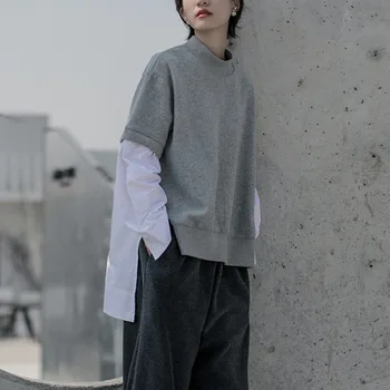 

simple Women Back Long Asymmetrical Big Size T-shirt New Stand Collar Long Sleeve Fashion Tide Spring Autumn 2020 1R609