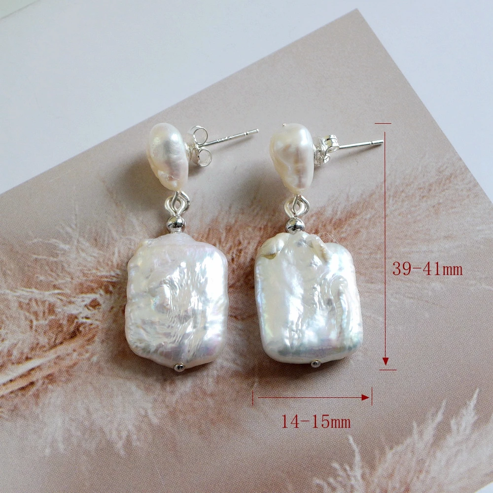 Pearl Earrings White Natural Freshwater Pearl Gold and Silver Earrings Baroque Square Pendant Stud Earrings for Bohemian Women