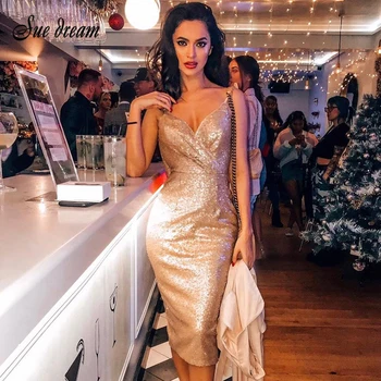 

2019 Autumn Hot New Women'S Fashion Sexy Spaghetti Sequins V-Neck Backless Knee Dress Bodycon Club Party Dress Vestidos