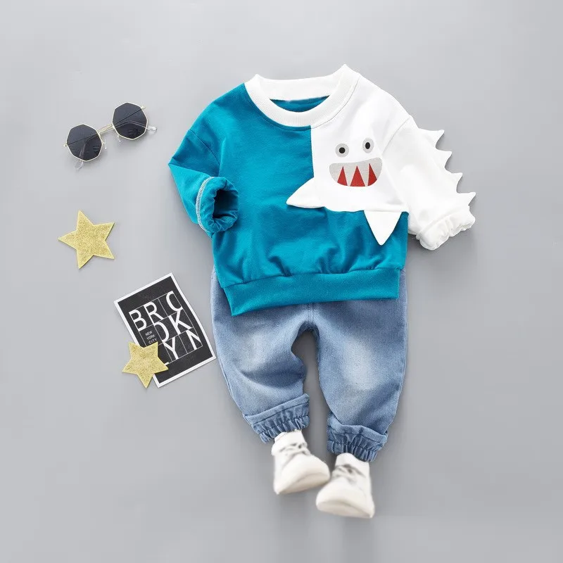 

2Pcs/Set Autumn Children Baby Boys Casual Long Sleeve Cartoon Shark Print Sweatshirt Tops+Pants