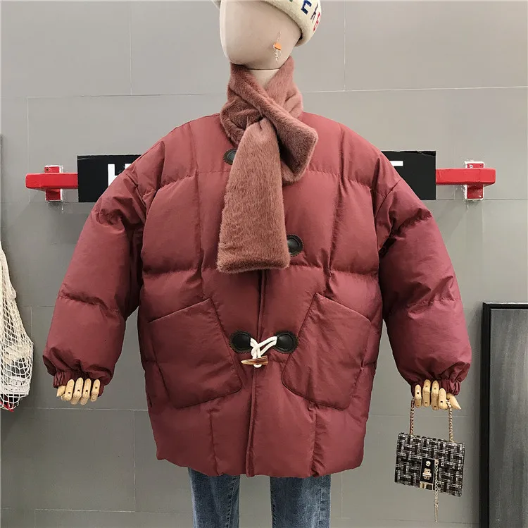 [EWQ] Winter new Loose Thickening Cotton-padded coats korea style Long Fund Ox Horn Buckle Parka Overcoat women 16N-a34 - Цвет: winered