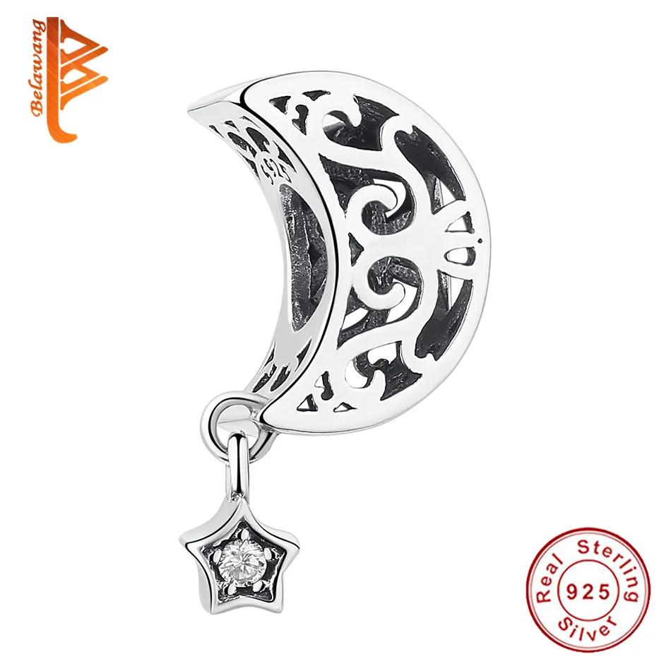 BELAWANG Luxury 925 Sterling Silver Openwork Moon and Star Goodnight Charm Beads fit Bracelet DIY Jewelry Valentine Day Gift | Украшения и