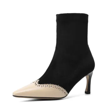 

kmeioo high quality genuine leather shoes winter ankle boots pointed toe high heels woman warm short boots